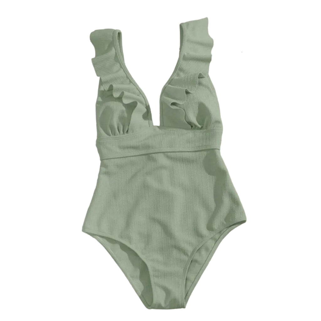 Dam Baddräkt - Polyester Baddräkt Med Volangdetaljer Och Bindband