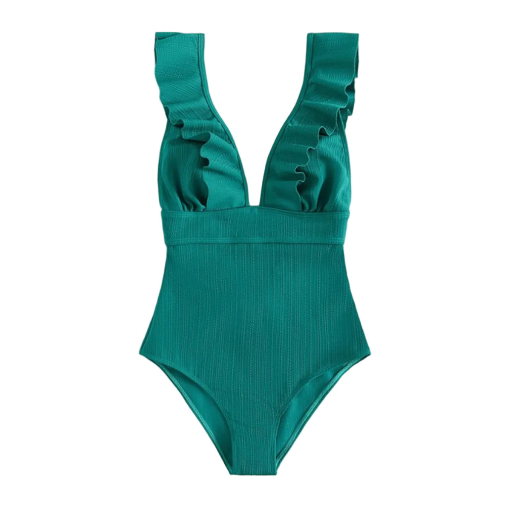 Dam Baddräkt - Polyester Baddräkt Med Volangdetaljer Och Bindband