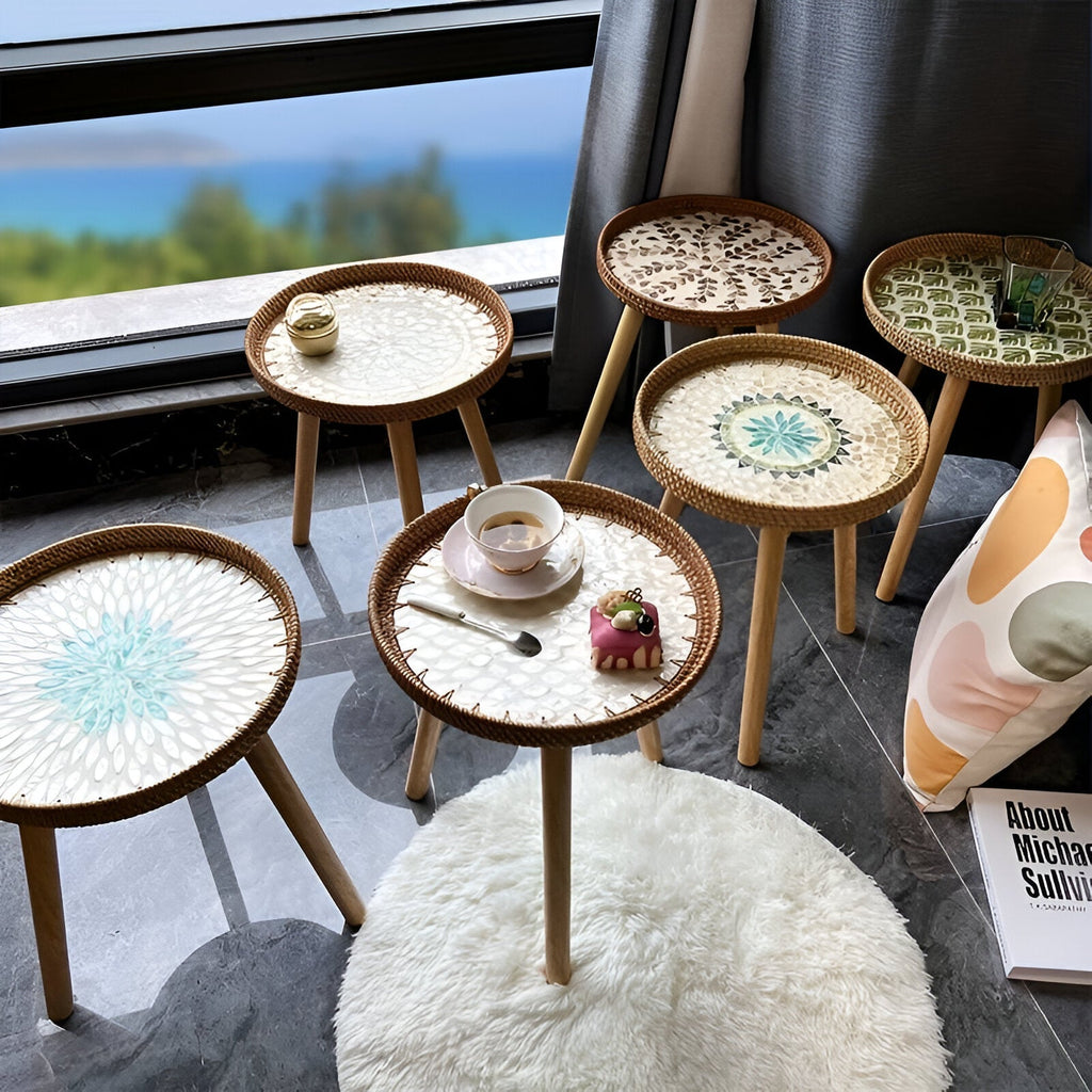 Scandi Soffbord | Handgjort Rattan Soffbord runt - Soffbord i Trä