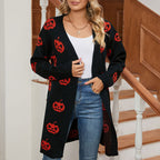 Dam Cardigan i Akryl & Polyester | Lång Avslappnad Passform & Pumpamönster | Halloween-Stickat Plagg för Vardagsbruk under Hösten | Olsson