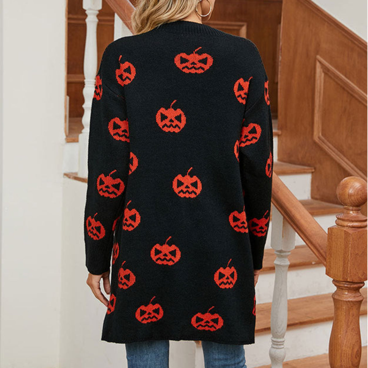 Dam Cardigan i Akryl & Polyester | Lång Avslappnad Passform & Pumpamönster | Halloween-Stickat Plagg för Vardagsbruk under Hösten | Olsson