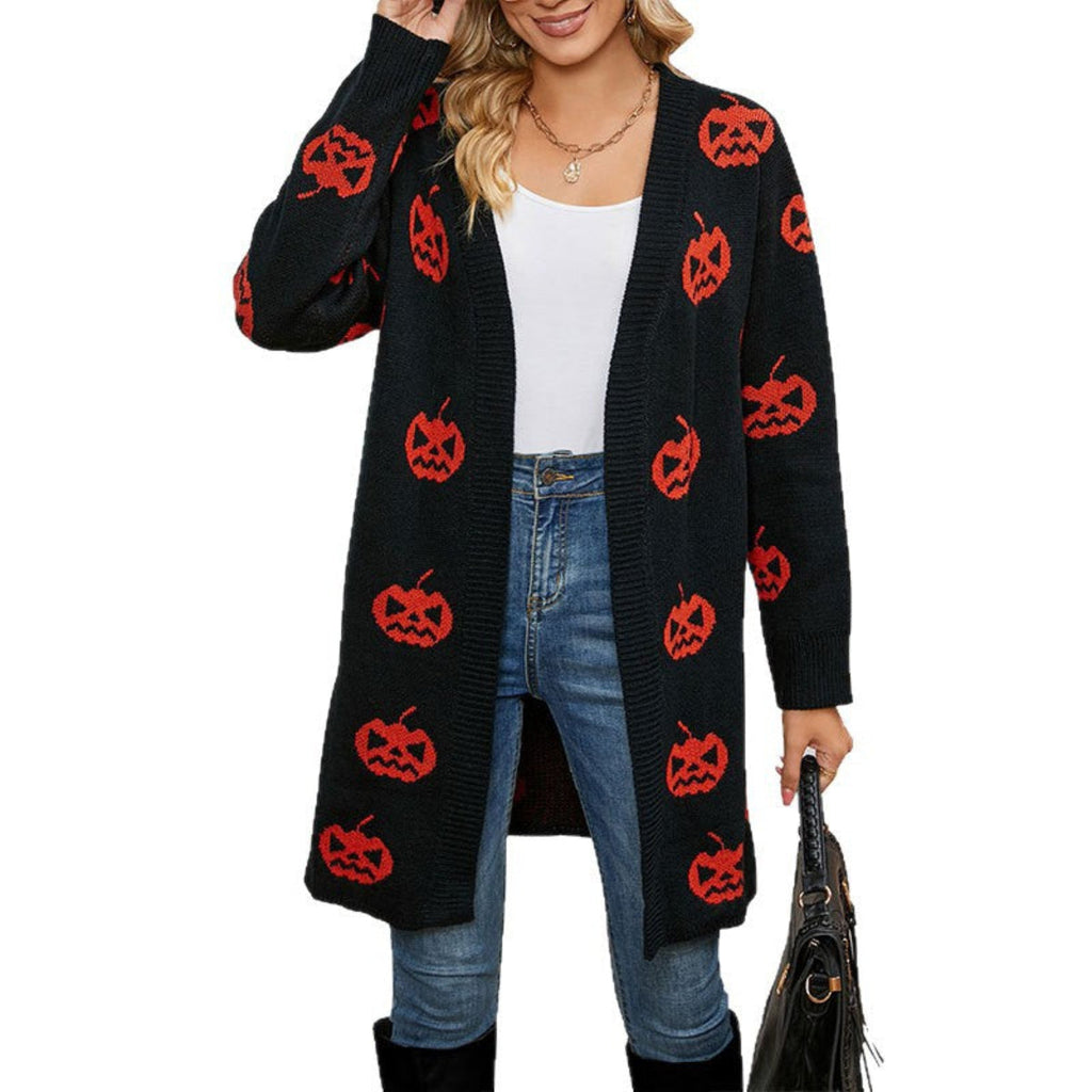 Dam Cardigan i Akryl & Polyester | Lång Avslappnad Passform & Pumpamönster | Halloween-Stickat Plagg för Vardagsbruk under Hösten | Olsson
