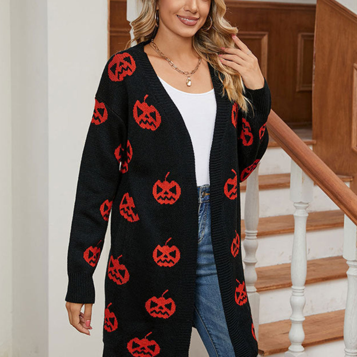 Dam Cardigan i Akryl & Polyester | Lång Avslappnad Passform & Pumpamönster | Halloween-Stickat Plagg för Vardagsbruk under Hösten | Olsson