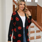 Dam Cardigan i Akryl & Polyester | Lång Avslappnad Passform & Pumpamönster | Halloween-Stickat Plagg för Vardagsbruk under Hösten | Olsson