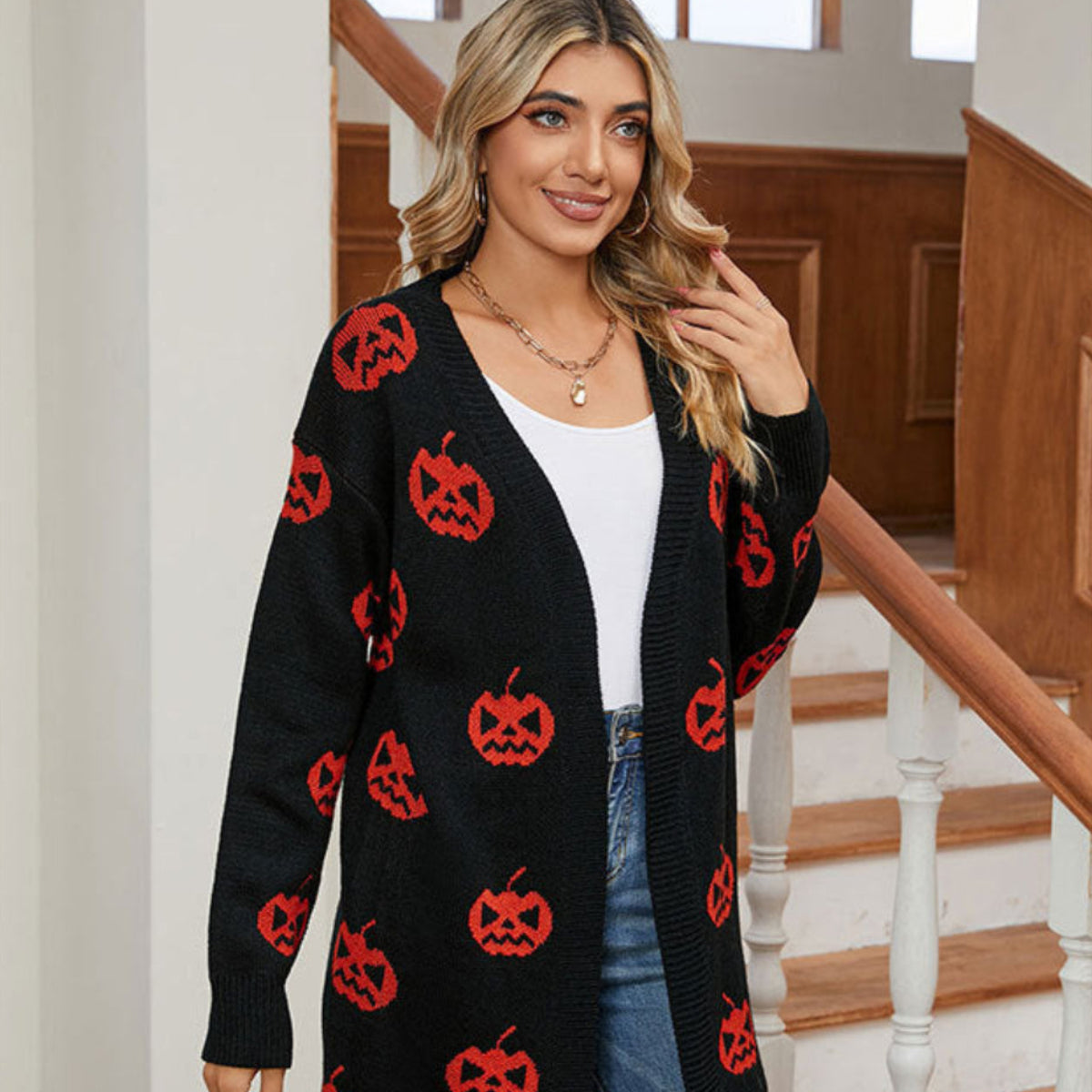 Dam Cardigan i Akryl & Polyester | Lång Avslappnad Passform & Pumpamönster | Halloween-Stickat Plagg för Vardagsbruk under Hösten | Olsson
