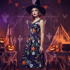 Dam Swingklänning i Polyester | A-Linje & Halloween-Mönster | Pumpa-, Spindel- & Skelettmotiv för Fester & Utklädnad | Olsson