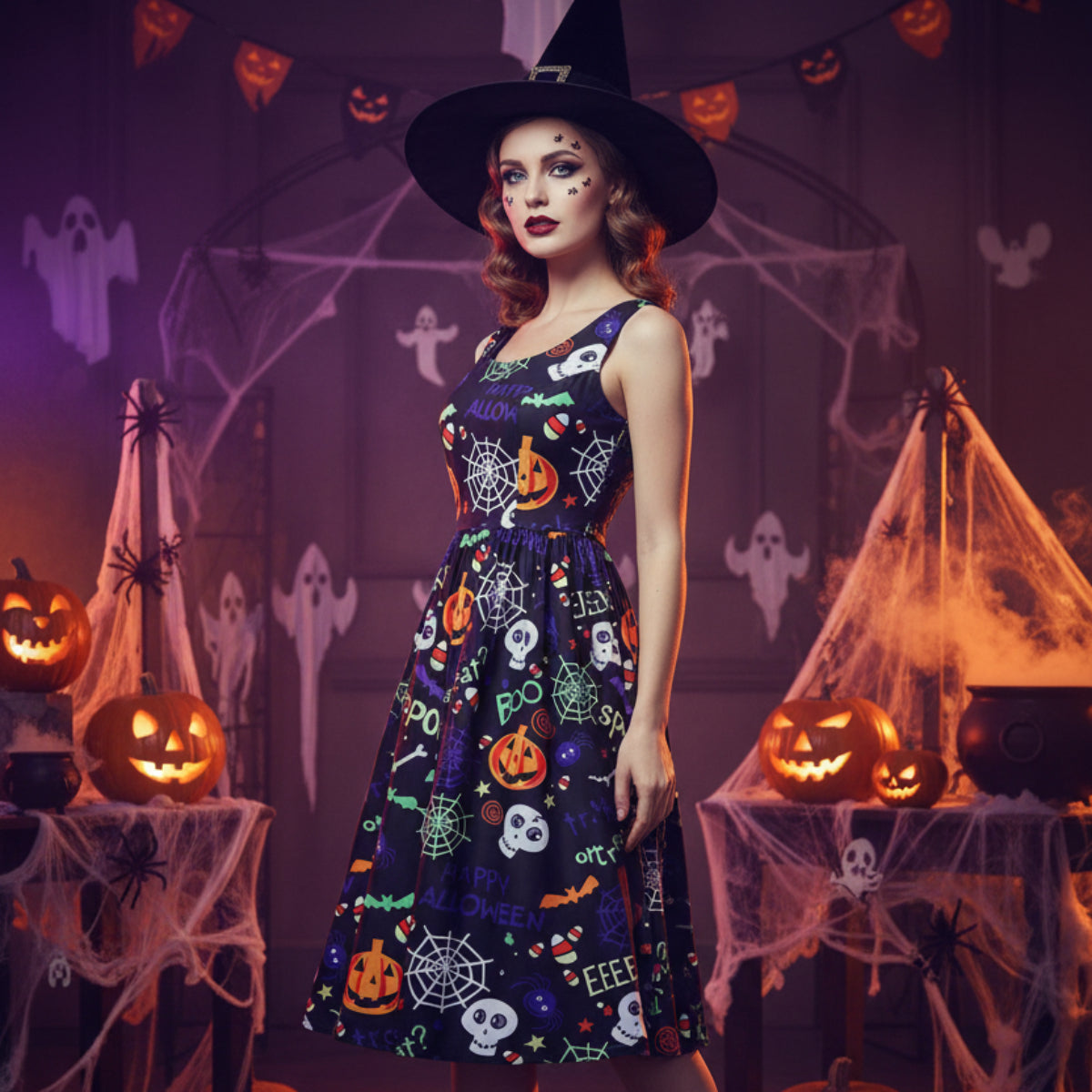 Dam Swingklänning i Polyester | A-Linje & Halloween-Mönster | Pumpa-, Spindel- & Skelettmotiv för Fester & Utklädnad | Olsson