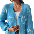 Dam Stickad Cardigan i Bomull | V-Hals & Knäppning Fram | Långärmad Spökmönstrad Cardigan för Halloween & Höstbruk | Olsson