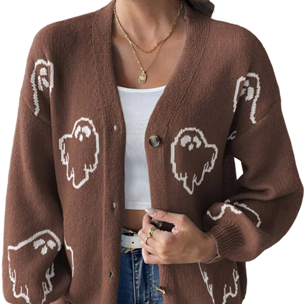 Dam Stickad Cardigan i Bomull | V-Hals & Knäppning Fram | Långärmad Spökmönstrad Cardigan för Halloween & Höstbruk | Olsson