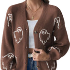 Dam Stickad Cardigan i Bomull | V-Hals & Knäppning Fram | Långärmad Spökmönstrad Cardigan för Halloween & Höstbruk | Olsson