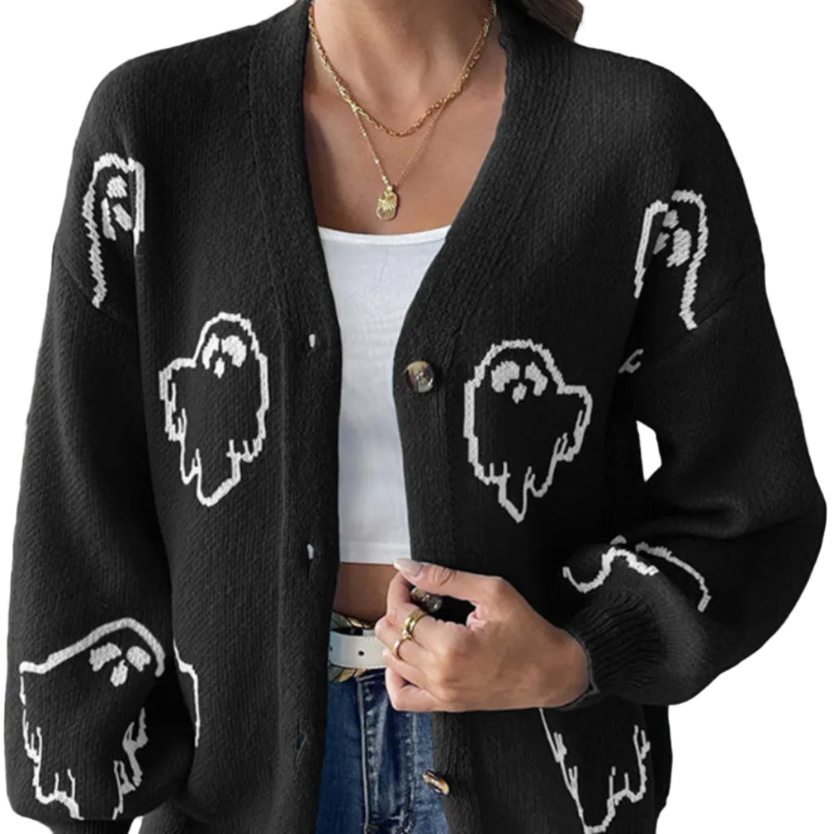 Dam Stickad Cardigan i Bomull | V-Hals & Knäppning Fram | Långärmad Spökmönstrad Cardigan för Halloween & Höstbruk | Olsson