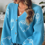 Dam Stickad Cardigan i Bomull | V-Hals & Knäppning Fram | Långärmad Spökmönstrad Cardigan för Halloween & Höstbruk | Olsson