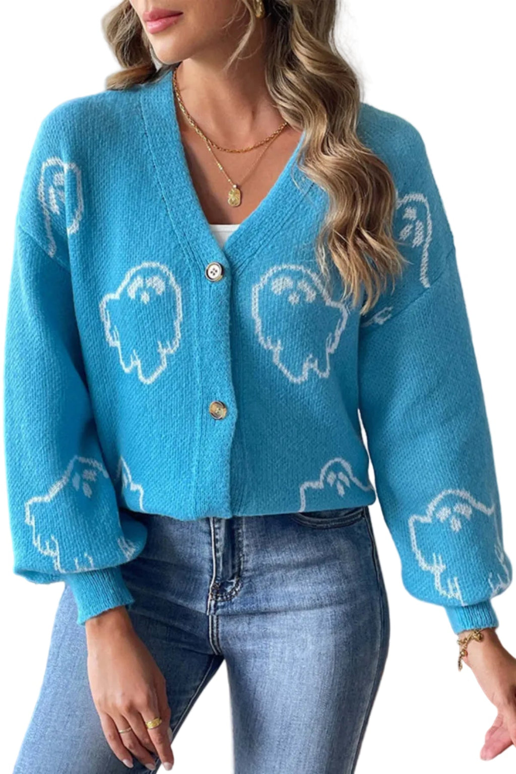 Dam Stickad Cardigan i Bomull | V-Hals & Knäppning Fram | Långärmad Spökmönstrad Cardigan för Halloween & Höstbruk | Olsson