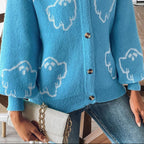 Dam Stickad Cardigan i Bomull | V-Hals & Knäppning Fram | Långärmad Spökmönstrad Cardigan för Halloween & Höstbruk | Olsson