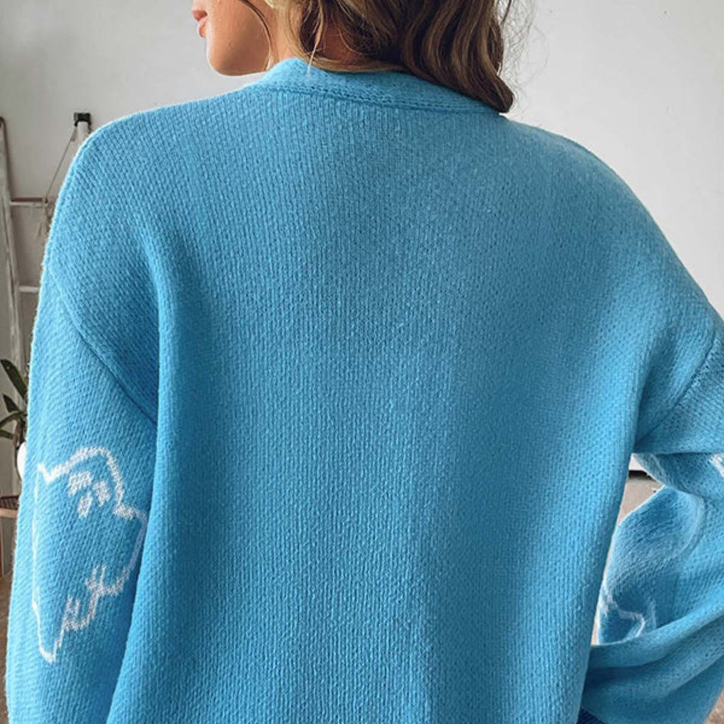 Dam Stickad Cardigan i Bomull | V-Hals & Knäppning Fram | Långärmad Spökmönstrad Cardigan för Halloween & Höstbruk | Olsson