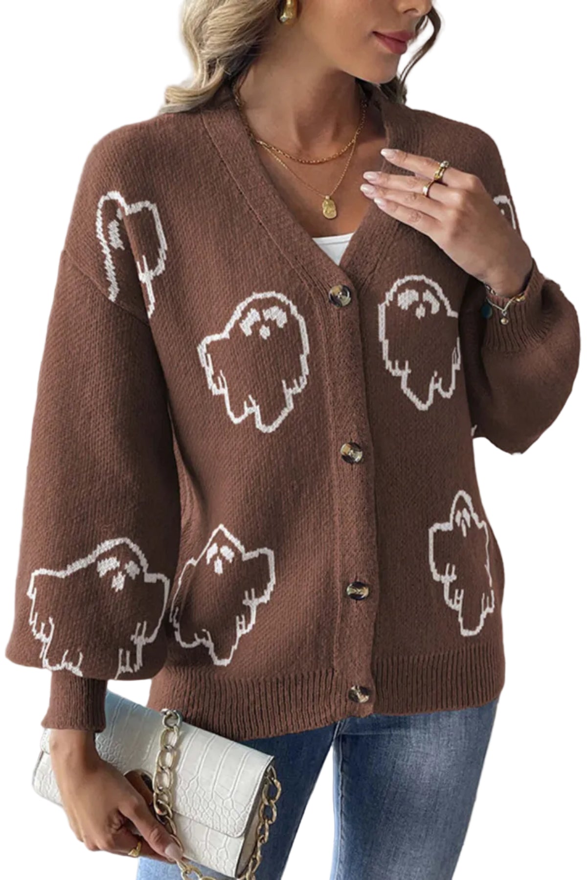 Dam Stickad Cardigan i Bomull | V-Hals & Knäppning Fram | Långärmad Spökmönstrad Cardigan för Halloween & Höstbruk | Olsson