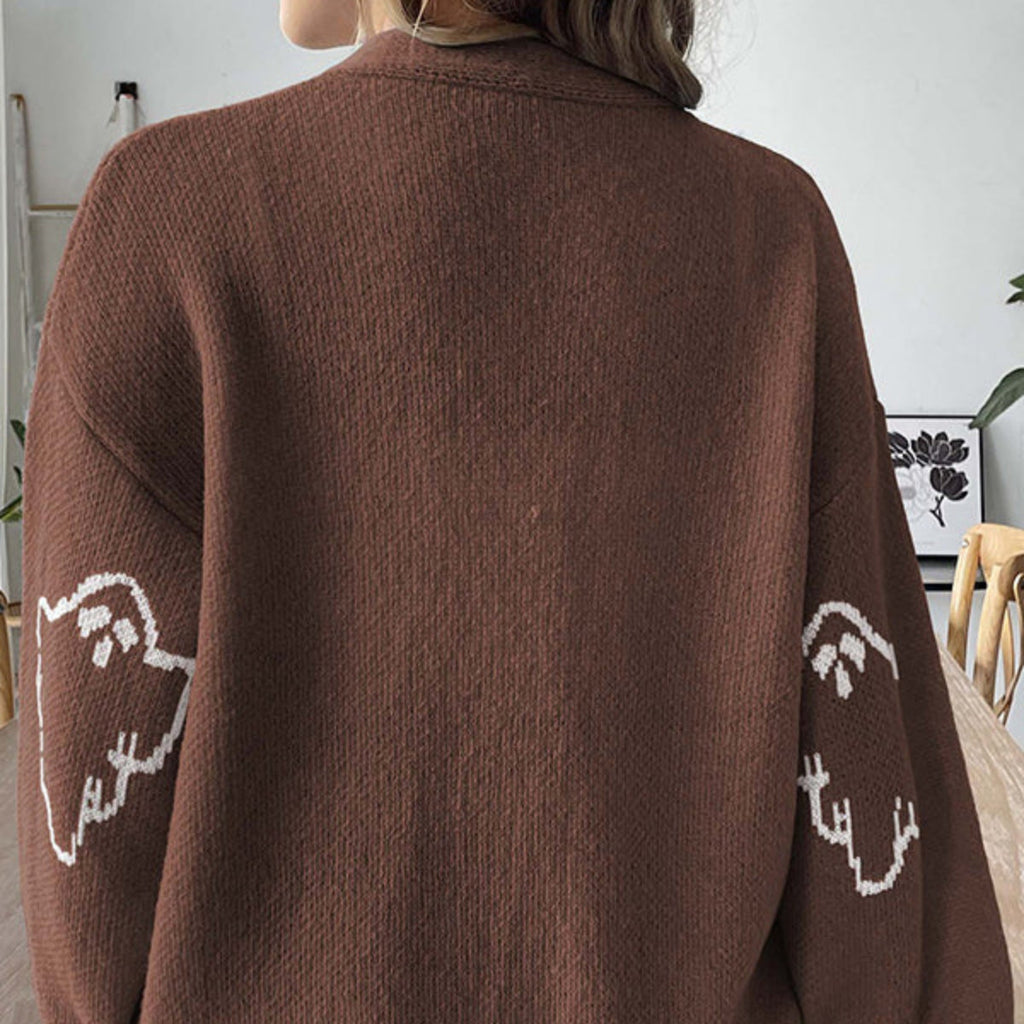 Dam Stickad Cardigan i Bomull | V-Hals & Knäppning Fram | Långärmad Spökmönstrad Cardigan för Halloween & Höstbruk | Olsson