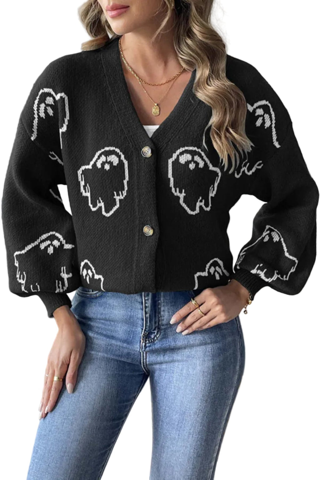 Dam Stickad Cardigan i Bomull | V-Hals & Knäppning Fram | Långärmad Spökmönstrad Cardigan för Halloween & Höstbruk | Olsson
