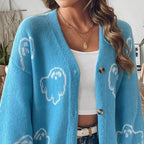 Dam Stickad Cardigan i Bomull | V-Hals & Knäppning Fram | Långärmad Spökmönstrad Cardigan för Halloween & Höstbruk | Olsson