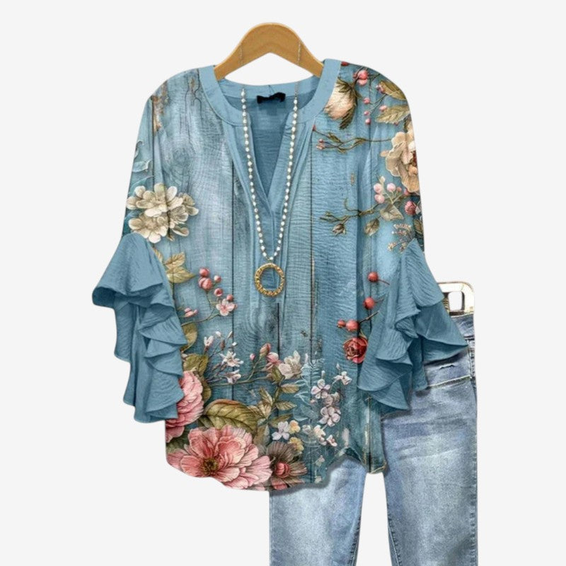 Damblus i Polyester | Avslappnad Passform med Flareärmar | Djup V-Ringning i Normal Längd | Olsson