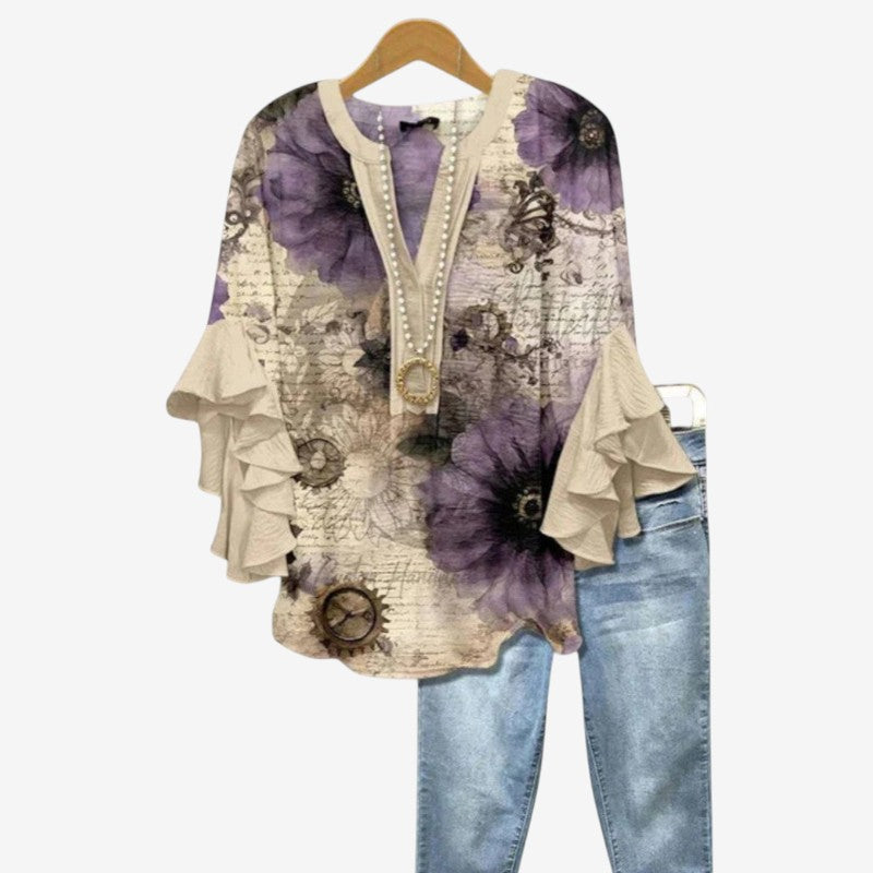 Damblus i Polyester | Avslappnad Passform med Flareärmar | Djup V-Ringning i Normal Längd | Olsson