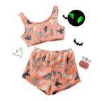Dam Halloween-Pyjamasset i Polyester | Spöke- & Spindelnätsmönster med Ljuseffekt | Tvådelat Set med Topp & Shorts | Olsson