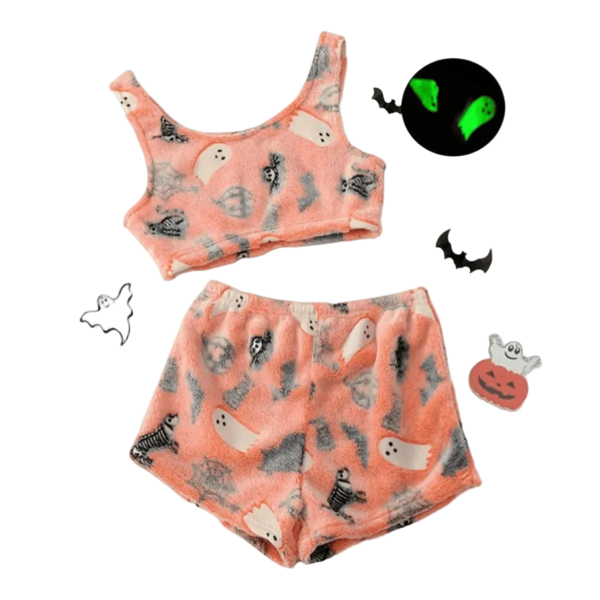Dam Halloween-Pyjamasset i Polyester | Spöke- & Spindelnätsmönster med Ljuseffekt | Tvådelat Set med Topp & Shorts | Olsson
