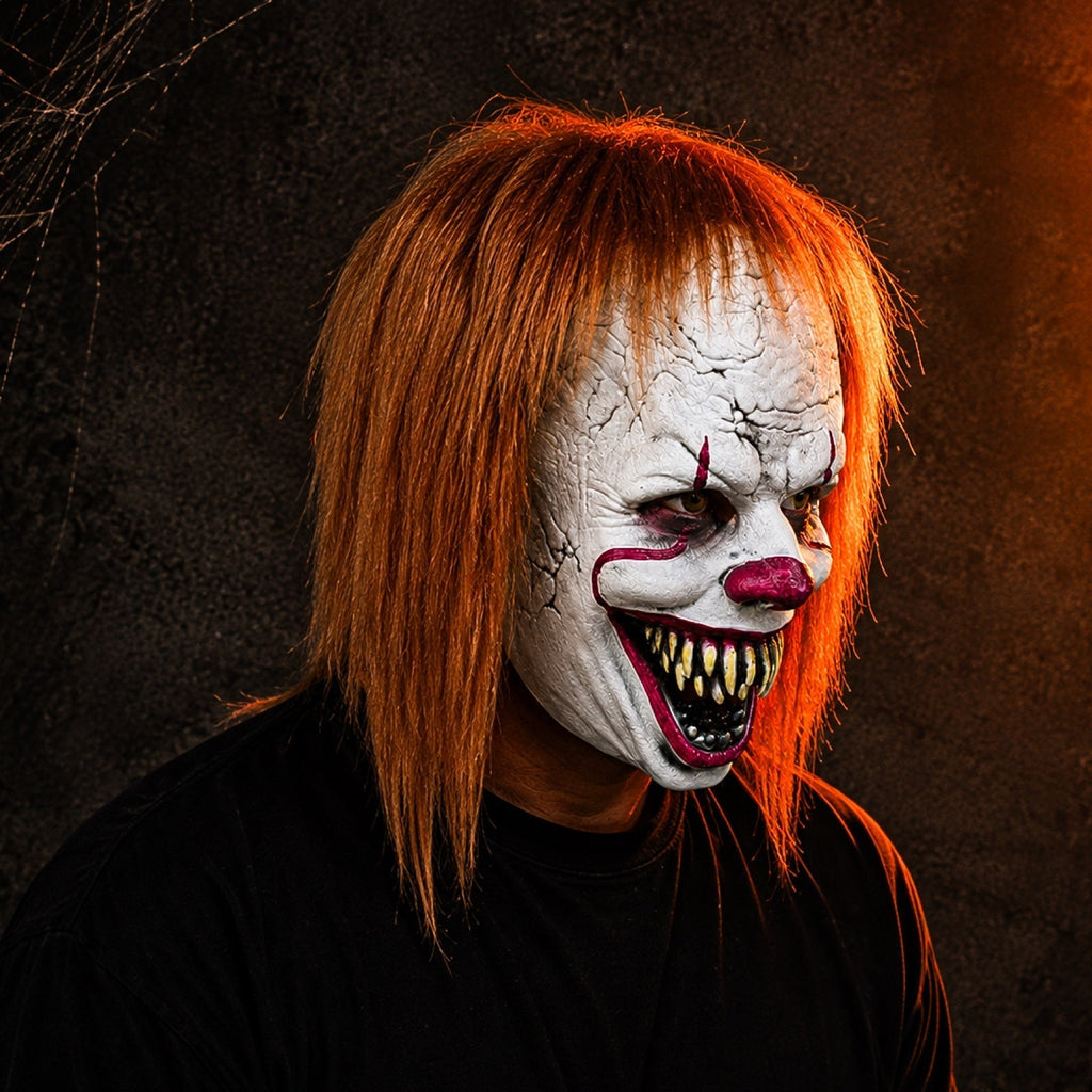 Clownmask i Latex och Silikon | Heltäckande Ansiktsdesign med Orange Hår och Tänder | Halloween Cosplay & Temafest | Olsson