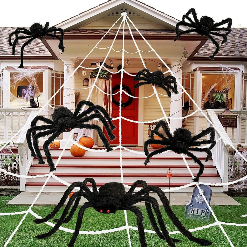 Halloween Spindeldekoration Set i Polyester | Två Stora Spindlar med Sträckbart Nät | Inomhus & Utomhus Festdekoration | Olsson