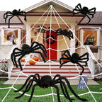 Halloween Spindeldekoration Set i Polyester | Två Stora Spindlar med Sträckbart Nät | Inomhus & Utomhus Festdekoration | Olsson