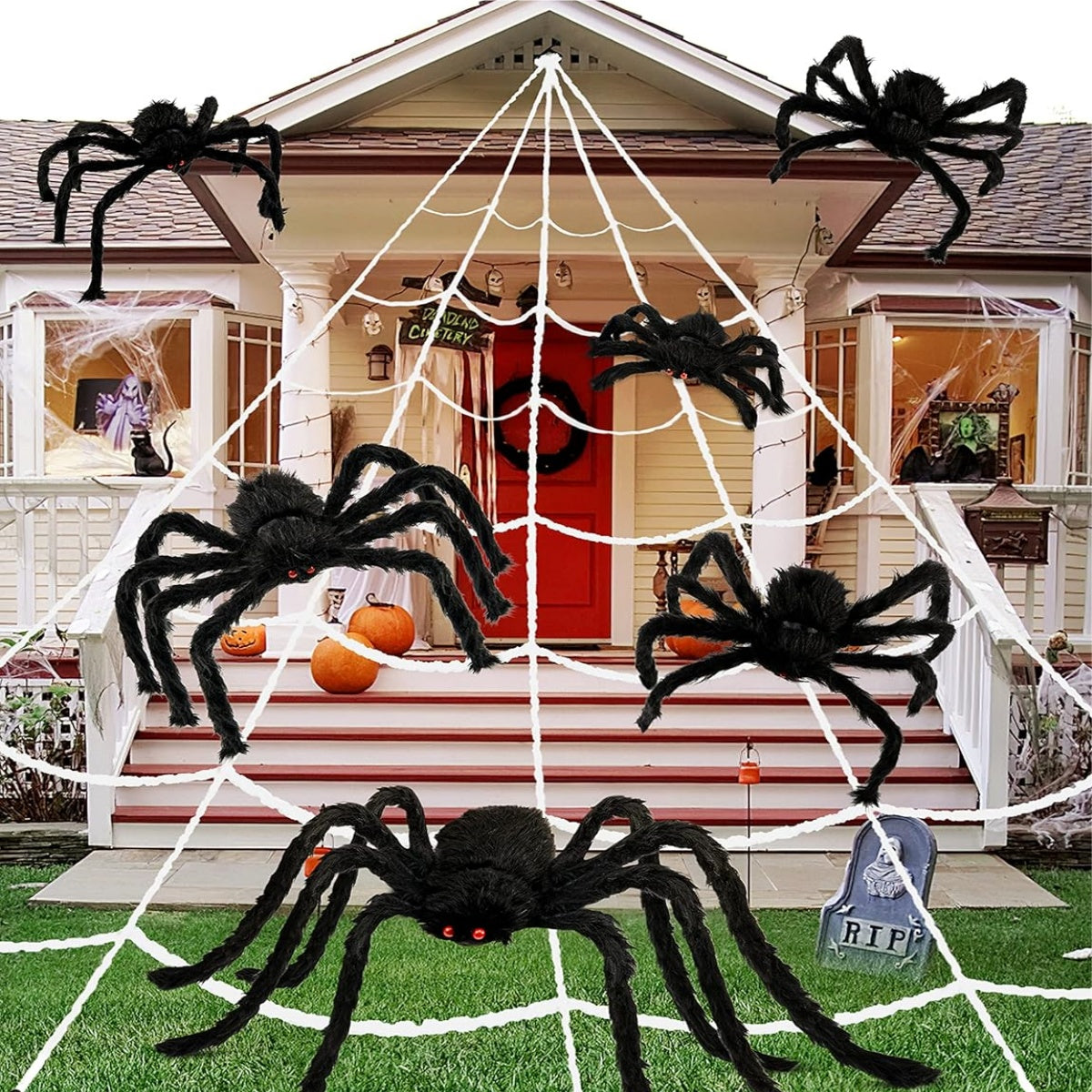 Halloween Spindeldekoration Set i Polyester | Två Stora Spindlar med Sträckbart Nät | Inomhus & Utomhus Festdekoration | Olsson