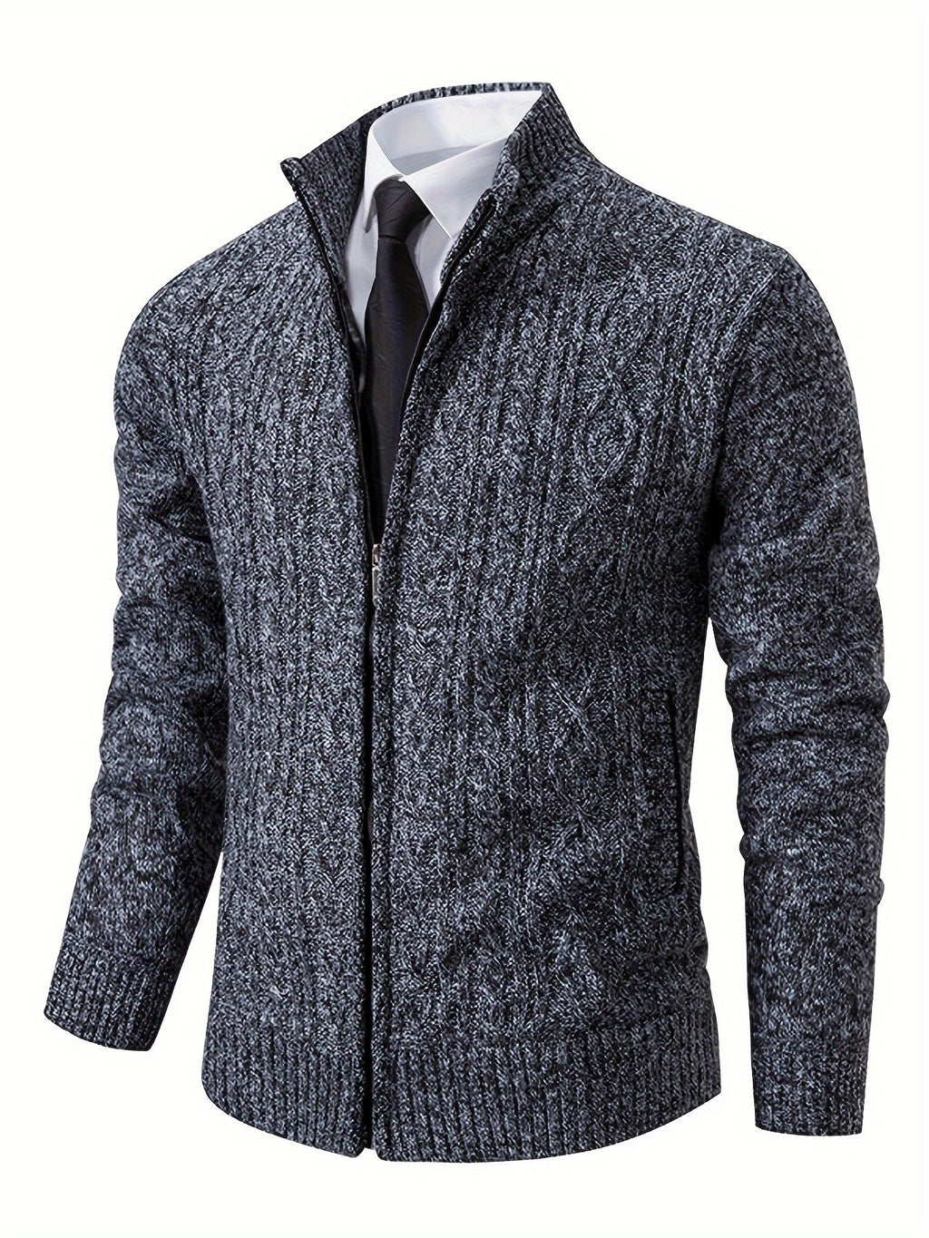 Herr Stickad Cardigan i Akryl | Hög Krage & Genomgående Dragkedja | Fodrad Strukturstickning för Vardag, Höst & Vinter | Olsson
