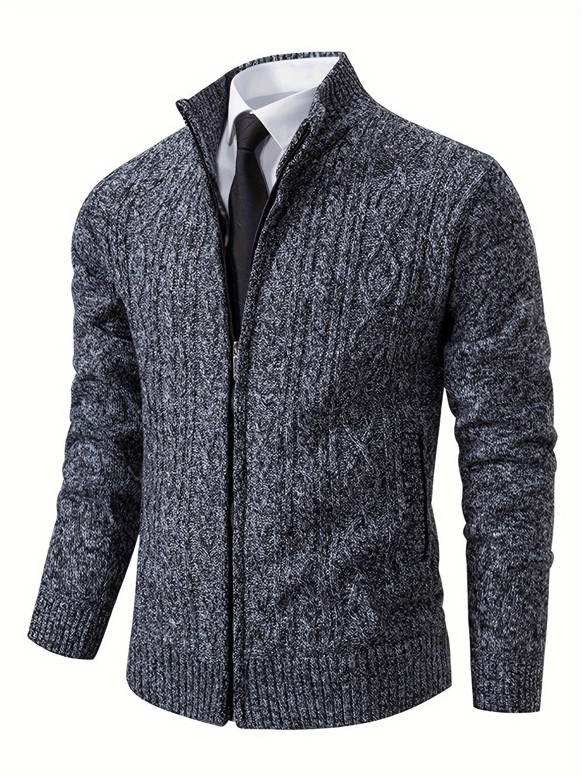 Herr Stickad Cardigan i Akryl | Hög Krage & Genomgående Dragkedja | Fodrad Strukturstickning för Vardag, Höst & Vinter | Olsson
