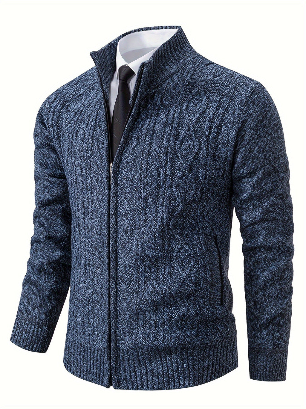 Herr Stickad Cardigan i Akryl | Hög Krage & Genomgående Dragkedja | Fodrad Strukturstickning för Vardag, Höst & Vinter | Olsson