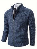 Herr Stickad Cardigan i Akryl | Hög Krage & Genomgående Dragkedja | Fodrad Strukturstickning för Vardag, Höst & Vinter | Olsson