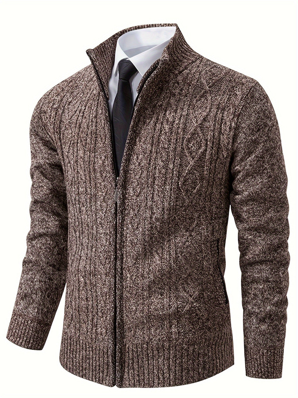 Herr Stickad Cardigan i Akryl | Hög Krage & Genomgående Dragkedja | Fodrad Strukturstickning för Vardag, Höst & Vinter | Olsson