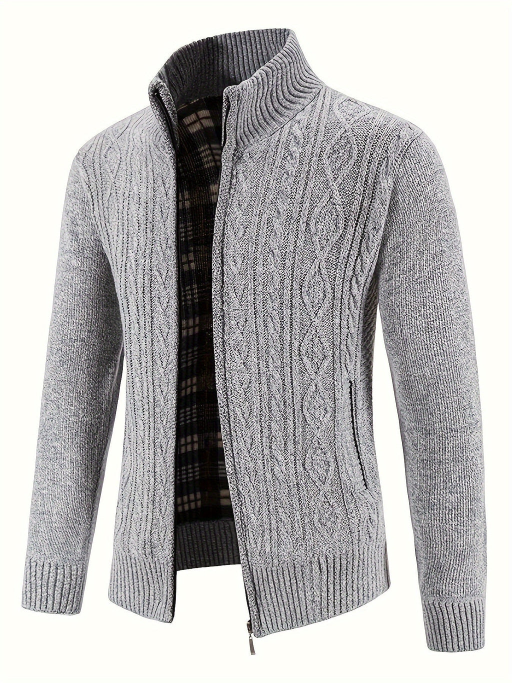 Herr Stickad Cardigan i Akryl | Hög Krage & Genomgående Dragkedja | Fodrad Strukturstickning för Vardag, Höst & Vinter | Olsson