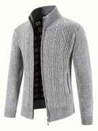 Herr Stickad Cardigan i Akryl | Hög Krage & Genomgående Dragkedja | Fodrad Strukturstickning för Vardag, Höst & Vinter | Olsson
