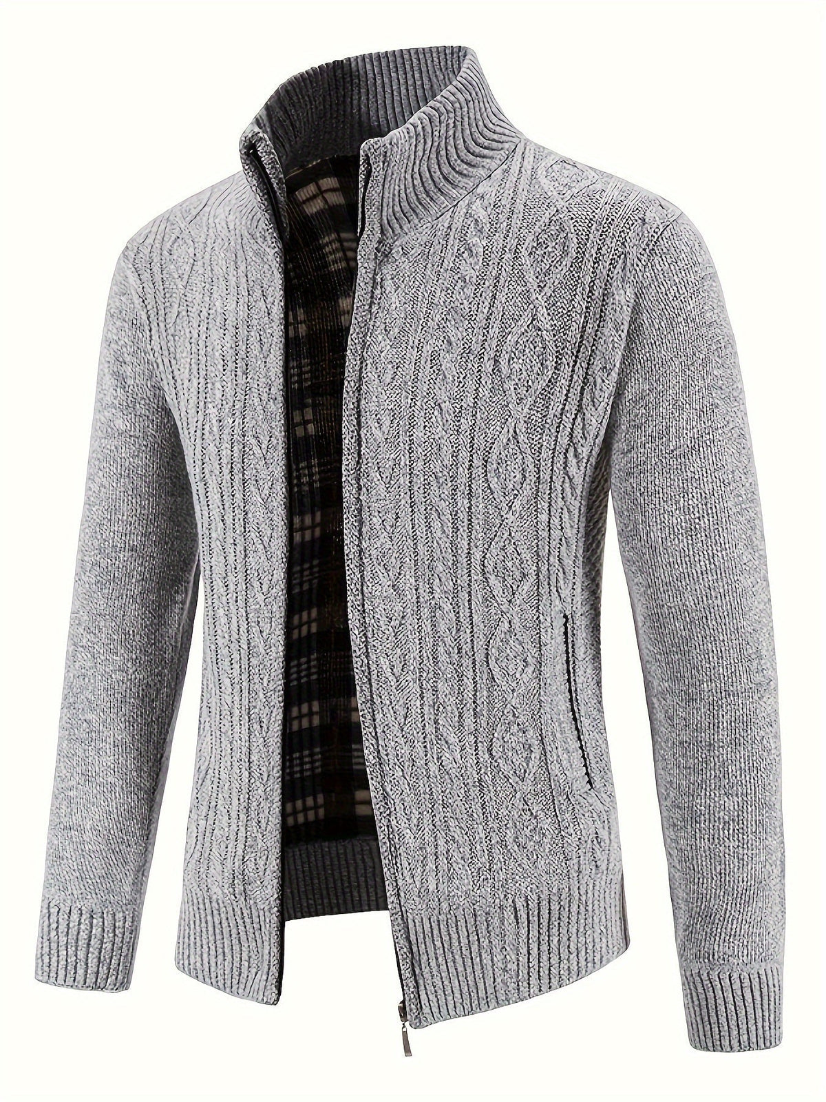 Herr Stickad Cardigan i Akryl | Hög Krage & Genomgående Dragkedja | Fodrad Strukturstickning för Vardag, Höst & Vinter | Olsson