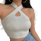 Cropped Stickad Topp Med Halterneck – Enfärgad Damtopp