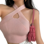 Cropped Stickad Topp Med Halterneck – Enfärgad Damtopp