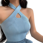 Cropped Stickad Topp Med Halterneck – Enfärgad Damtopp