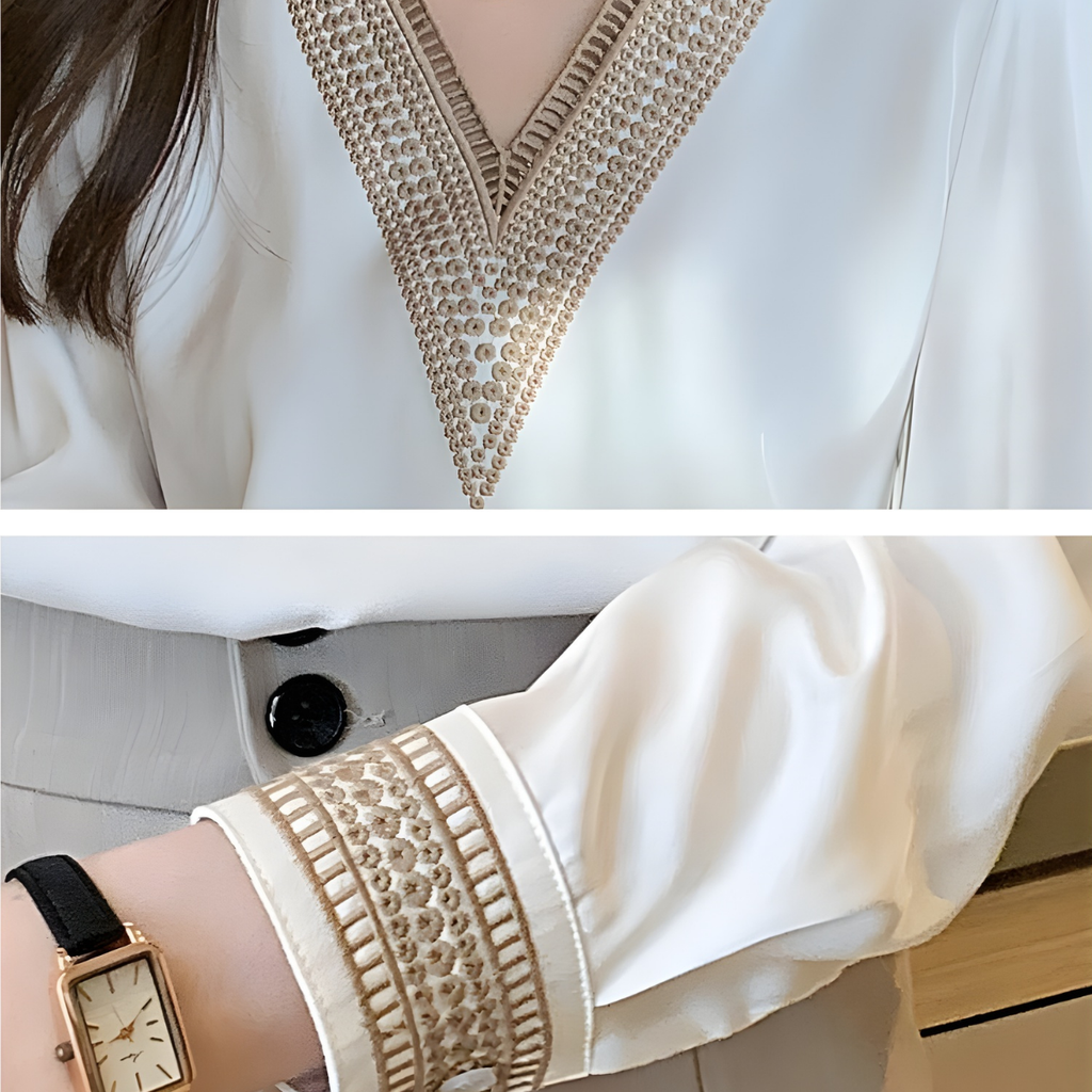 V-ringad Chiffonblus – Långärmad Enfärgad Topp För Kvinnor