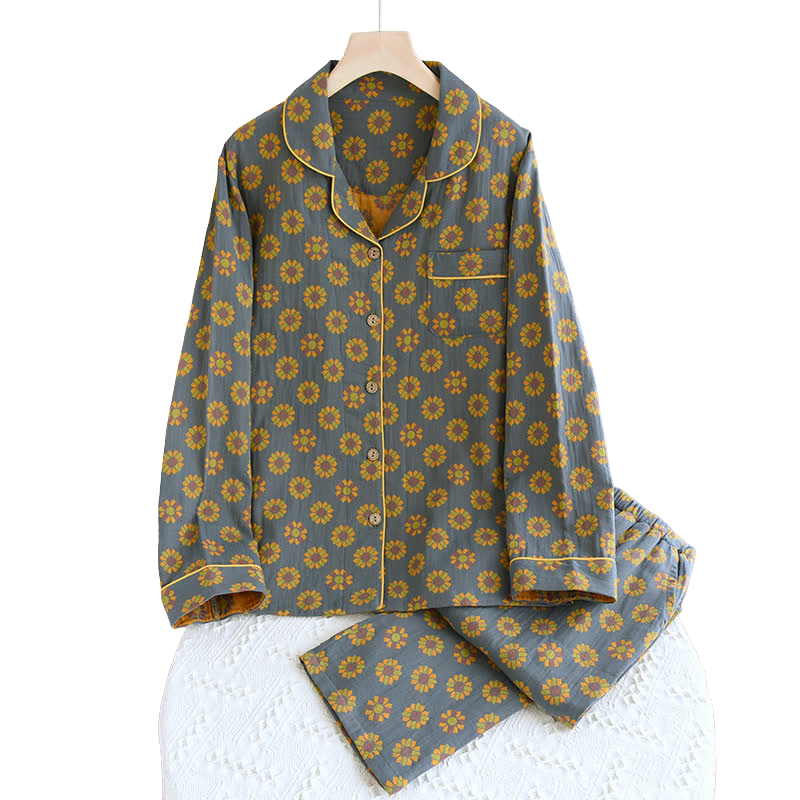 Bomullsnattkläder | Nattklädes-Set Med Reverskrage & Solrosmönster – Komfortabla Pyjamas För Kvinnor