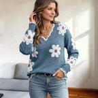 Dam Pullover i Polyester | V-Ringning & Blombroderi | Långärmad Pull-On-Tröja för Vardag, Fritid & Lager-På-Lager | Olsson