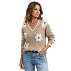 Dam Pullover i Polyester | V-Ringning & Blombroderi | Långärmad Pull-On-Tröja för Vardag, Fritid & Lager-På-Lager | Olsson