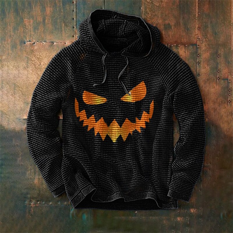 Herr Halloween Hoodie i Bomull | Långärmad Tröja med Ansiktsgrafik | Dragskohuva & Ribbade Avslut för Fritidsbruk | Olsson
