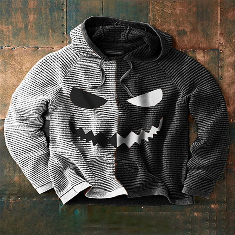 Herr Halloween Hoodie i Bomull | Långärmad Tröja med Ansiktsgrafik | Dragskohuva & Ribbade Avslut för Fritidsbruk | Olsson