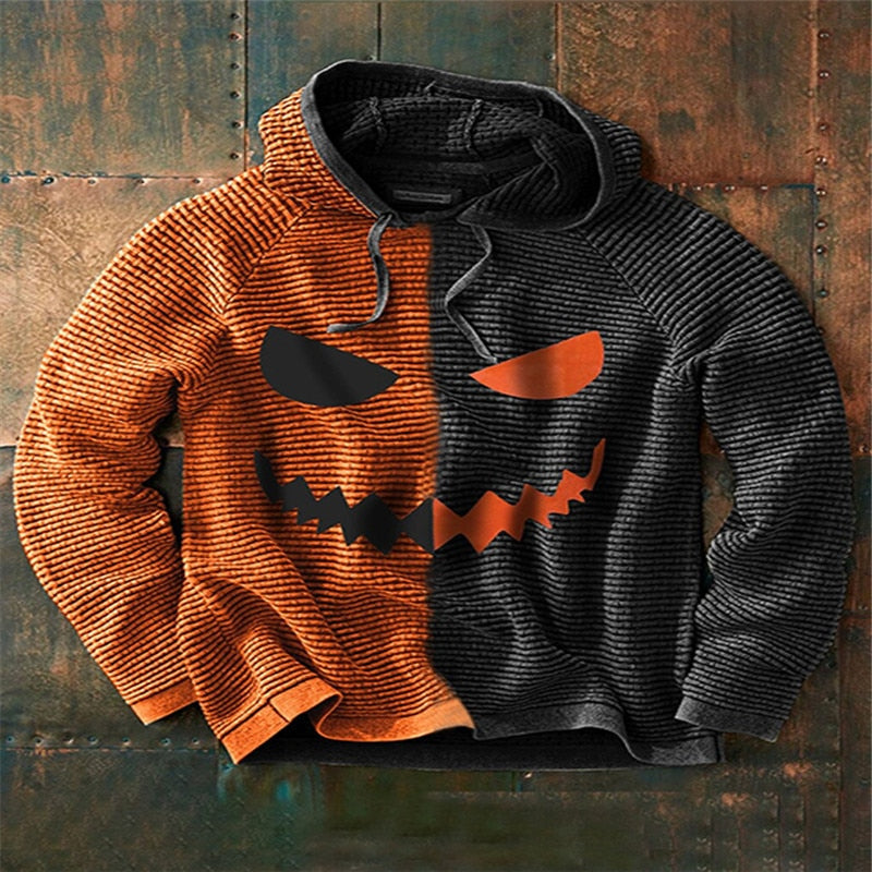 Herr Halloween Hoodie i Bomull | Långärmad Tröja med Ansiktsgrafik | Dragskohuva & Ribbade Avslut för Fritidsbruk | Olsson