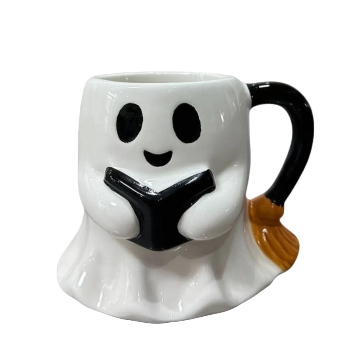 Halloweenmugg i Keramik med Spökdesign | Rund 280 ml Mugg med Spöke som Håller en Bok | För Varma och Kalla Drycker | Olsson